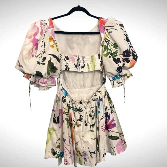 Aje Drift Puff Sleeve Cotton Mini Dress 6 AU 10 White Watercolor Garden Floral - Picture 5 of 14